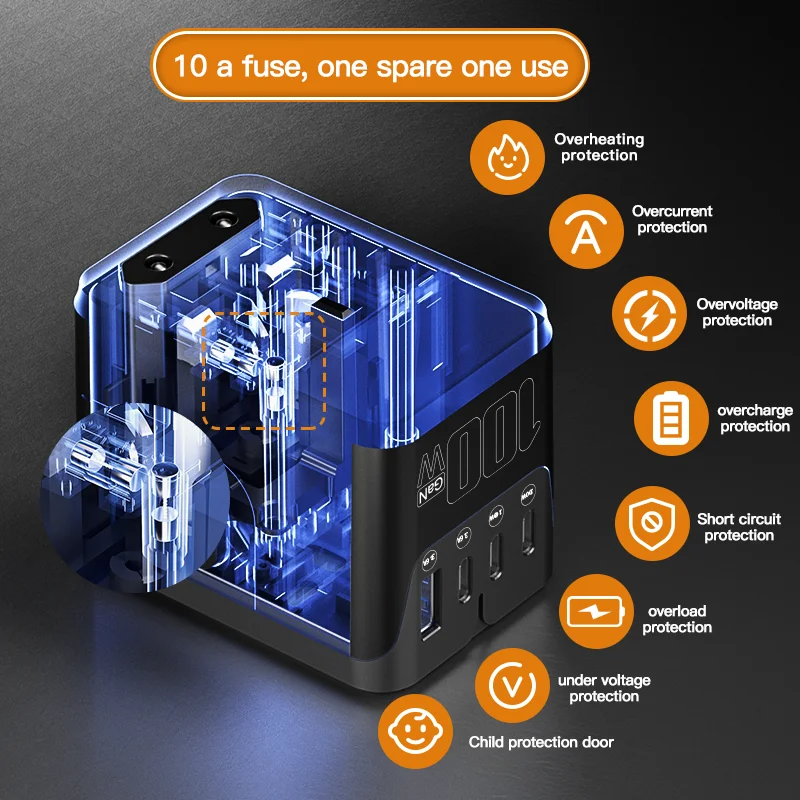 Worldplug International Travel Power Adapter 1 USB Port 4-Outlet Universal Travel Wall Charger GAN 1 USB 4C Adapter Electrical