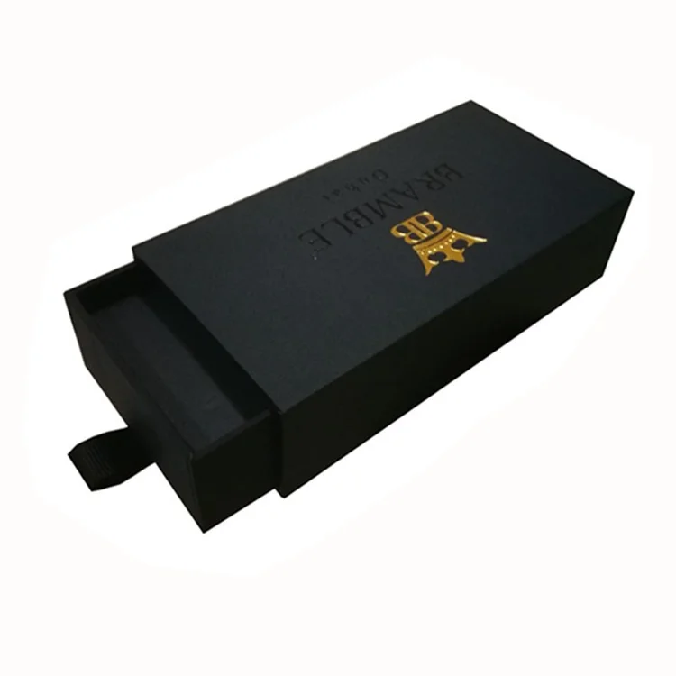 Custom Luxury Black Perfume Box Logo Hot Stamping Drawer Gift Box Packaging With Foam Insert