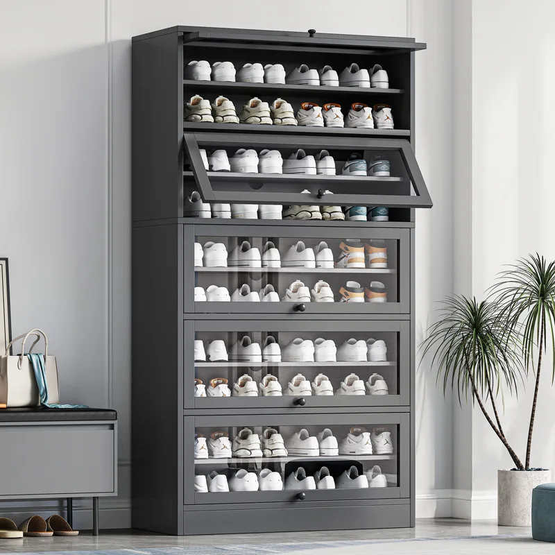 Industrial style Shoes Rack wooden dustproof Organizer Shoe Storage Cabinet with Clear glass Door for Home Use