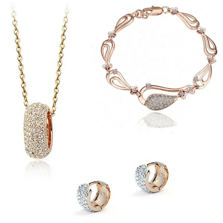 Latest Crystal Necklace Bracelet Earrings Set Oval-shaped Goldtone with Crystal Excellent Pendant and Hollow Out Bangle Jewelry