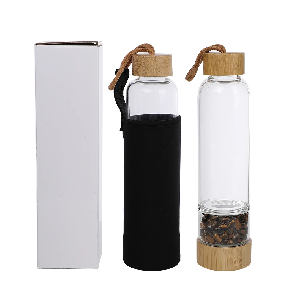 Natural Crystal Infused Glass Water Bottle Bamboo Lid Gemstone Water Bottle with crystal inside