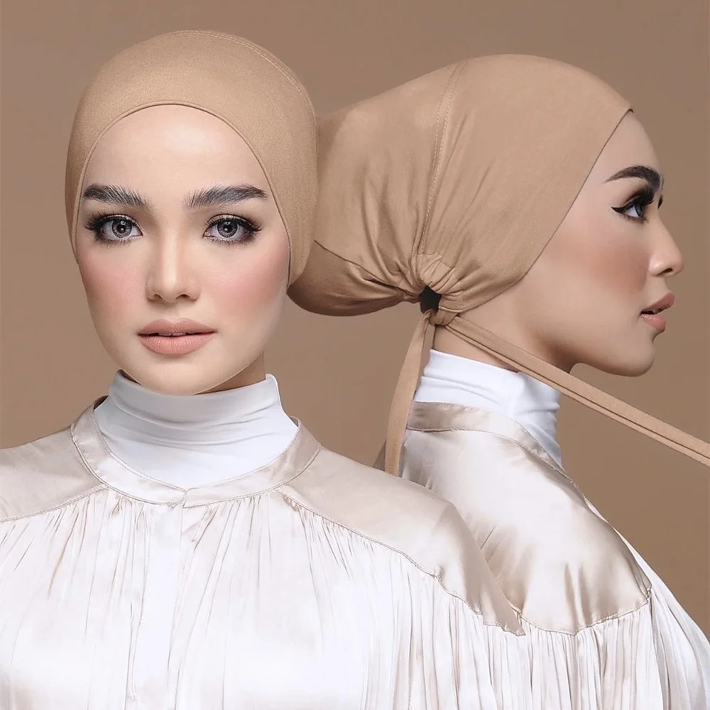 Wholesale muslim Inner Hijabs Caps ruched elastic cotton jersey stretch tie back underscarf hijab caps Women Under scarves