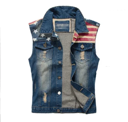 
Brand Mens Denim Vest Men Cowboy Ripped Sleeveless Vintage Jacket Tank Spring USA Flag washed Jeans Vest Plus Size 5XL 