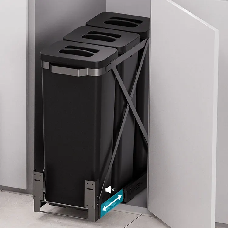 High Quality Eco Friendly Big Volume Kitchen Pull Out Soft Closing Plastic Waste Bin Mounted Concealed Storage Shelf