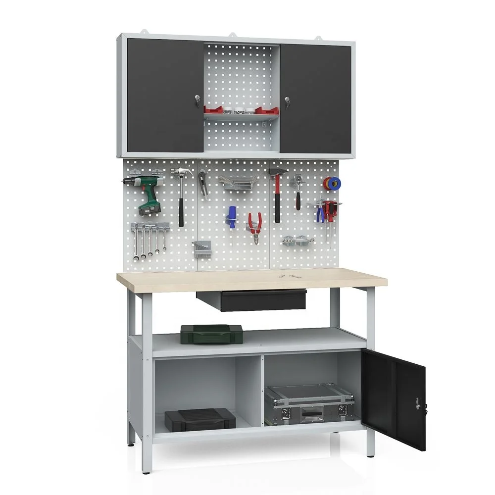 Functional  metal workbench set with storage tool cabinets in workshop and garage