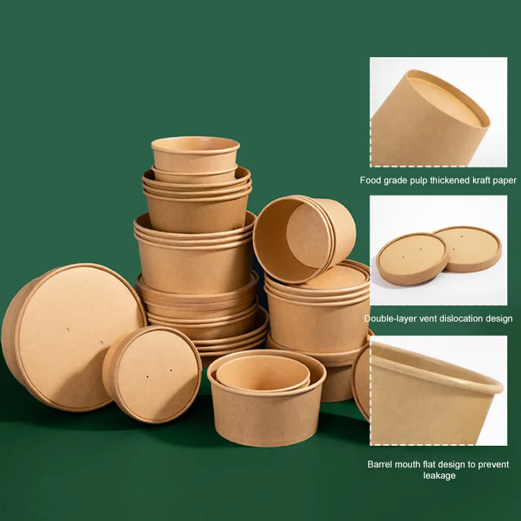Eco Friendly Disposable takeaway food container 9 oz Kraft Paper noodle bowls Hot Soup Cups With Paper Flat Lid