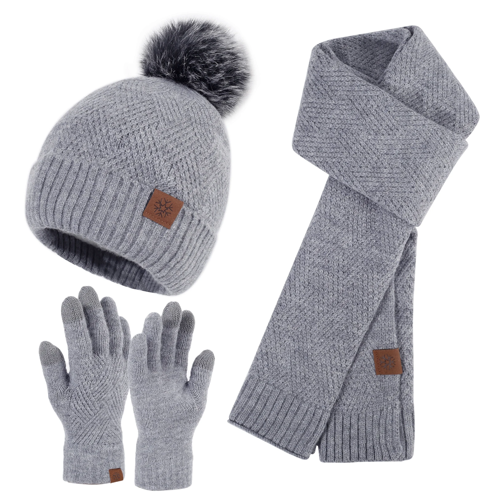 Wholesale unisex adult and kid winter knitted hat set custom label pom pom beanie hat scarf and gloves set