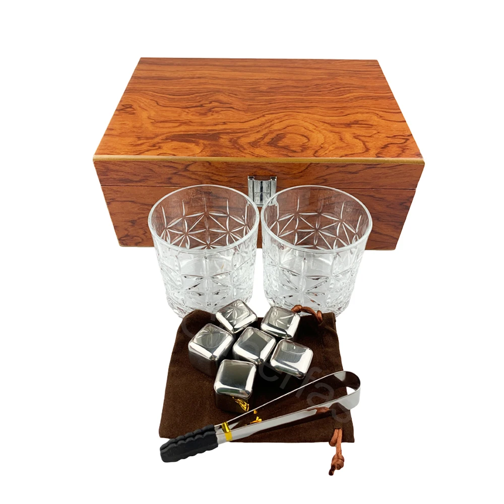 Lower MOQ Stainless Steel Whiskey Cooling Ice Cube Stones And Glass Wooden Box Gift Set Have With 2 Glasses Metal Whiskey Stones