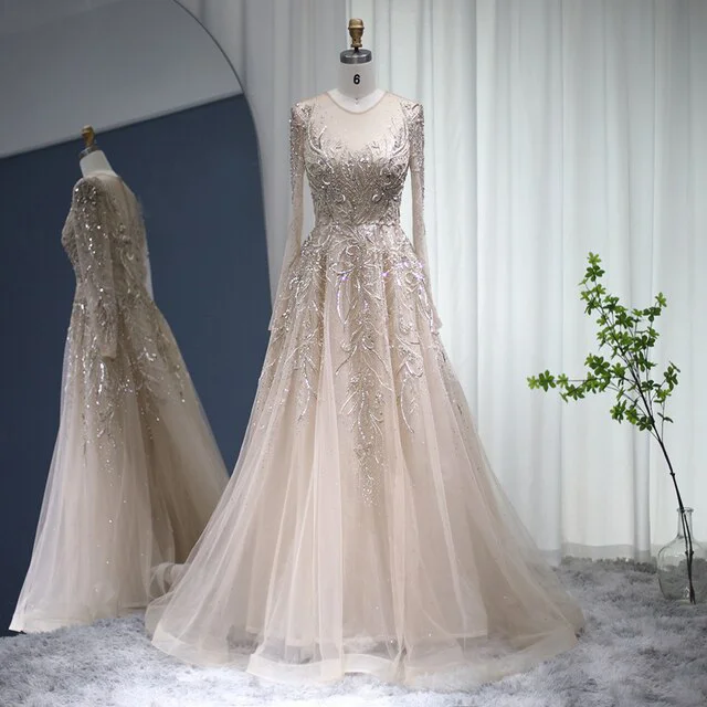 ASA-SS50 Modest Aline Scoop Long Sleeves Evening Dress Luxury Dubai Floral Party Prom Dress for Women