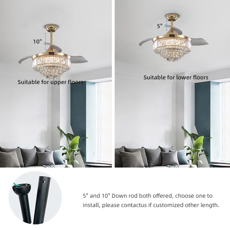 Room Decorative Air Cooling Indoor Crystal Chandelier Ceiling Fan With Light