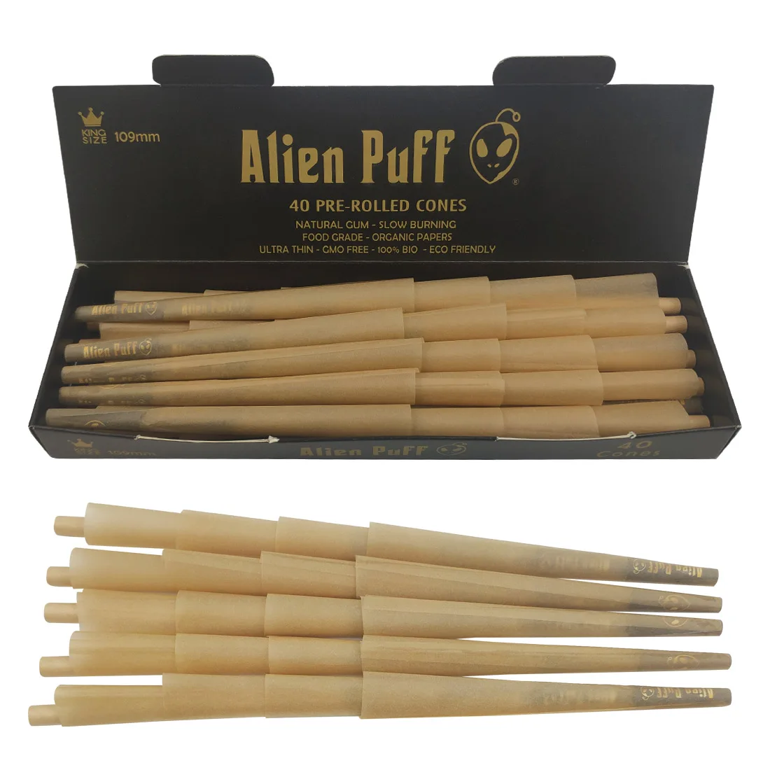 Customised HP162 Alien Puff kingsize 109mm 40 Cones Per Box 100% Vegetarian Pre Rolled Cones