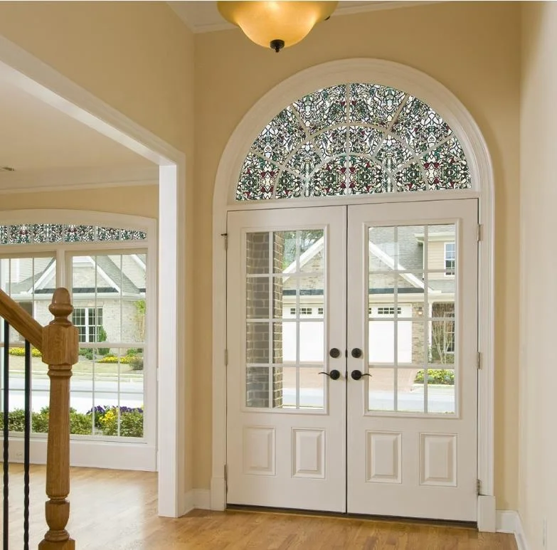 European arc double opening white door painted door stained glass solid wood arch double door