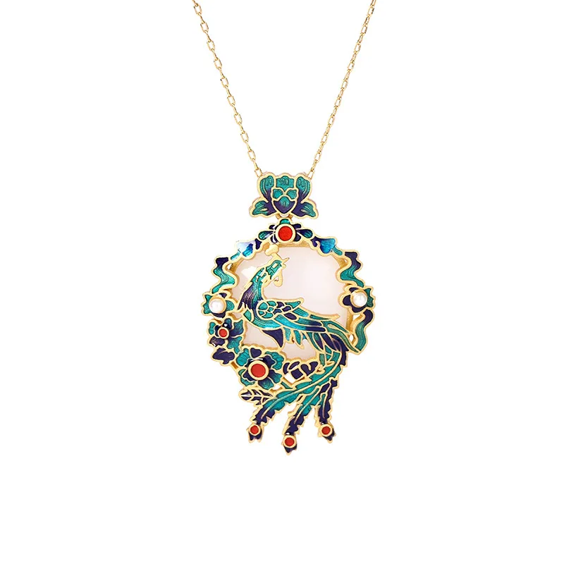 High quality enamel antique gold inlaid artificial jade phoenix clavicle necklace for Weddings Parties Engagements Gifts