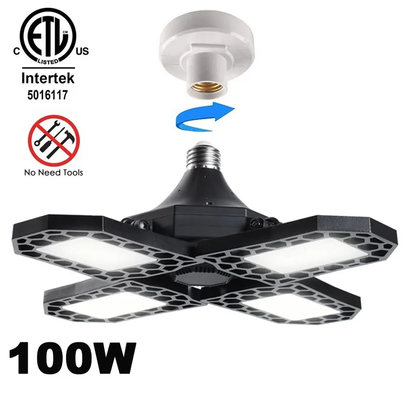 New garage ceiling light 100w deformable led 12000lm garage light with 4 adjustable panels