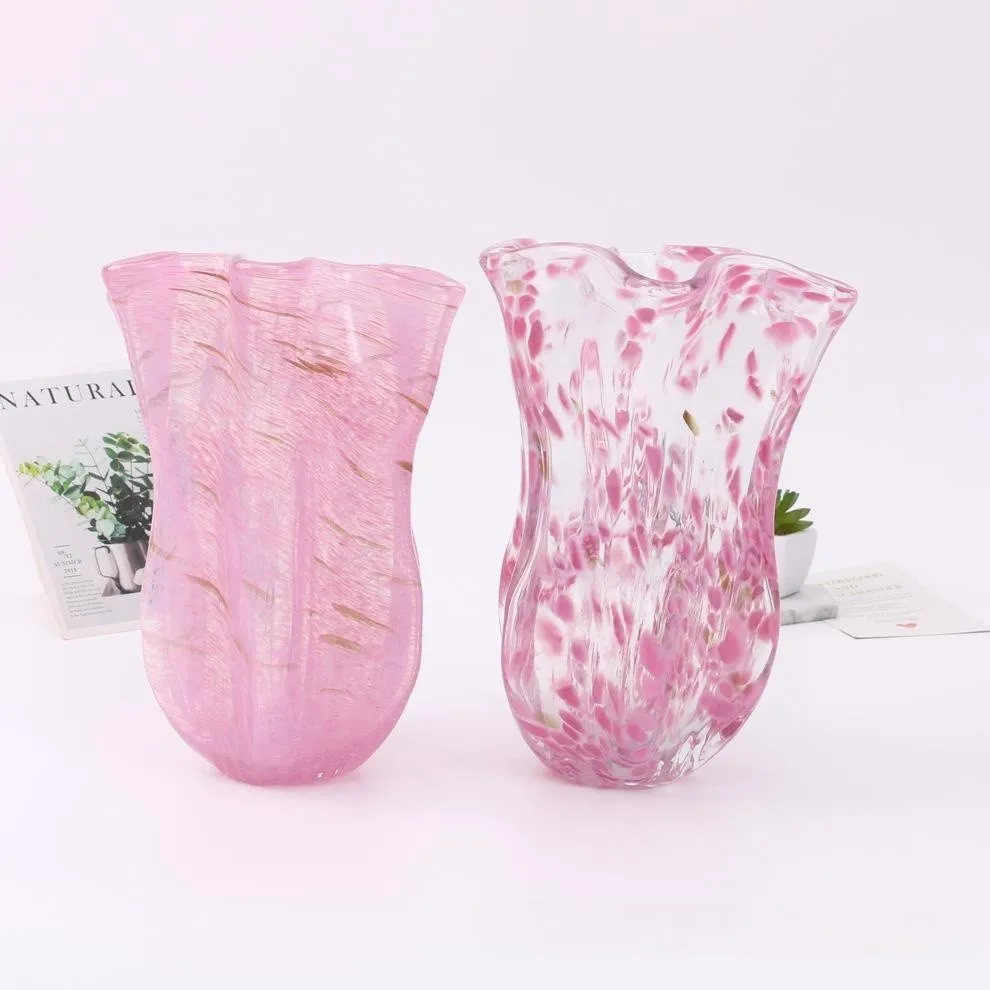 Modern hand blown Home Hotel tabletop decor handmade cherry pink gold pink colored glaze Murano art flower arrange glass vase