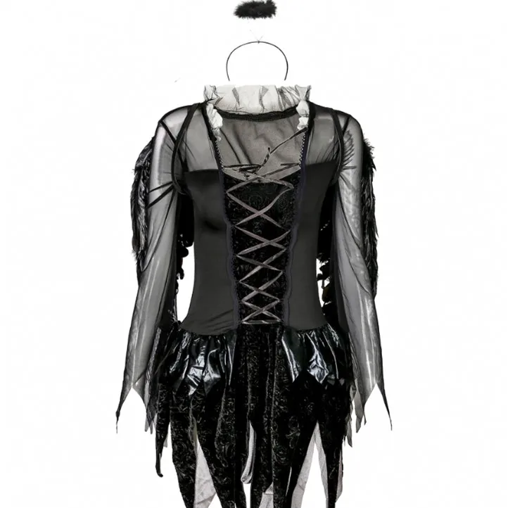 Black Fallen Dark Angel Halloween Woman Fancy Dress Costume with Halo and Wings