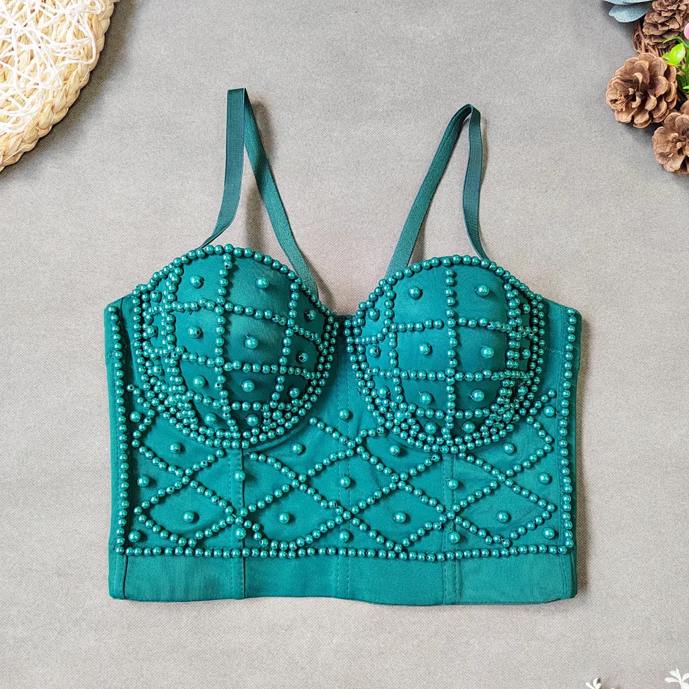 High Quality Manufactory Handmade Women Ladies Straps Crop Boning Padded Corsage Corselet Bustier Pearl Corset Top With Beads