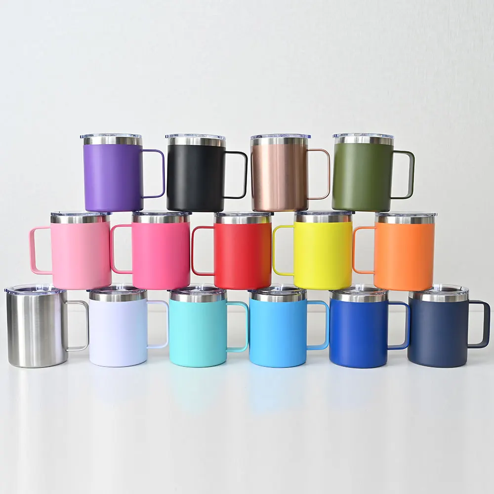 Custom 12oz 14oz 16oz double wall vacuum camping stainless Steel BPA free powder coated insulated travel coffee mug with handle