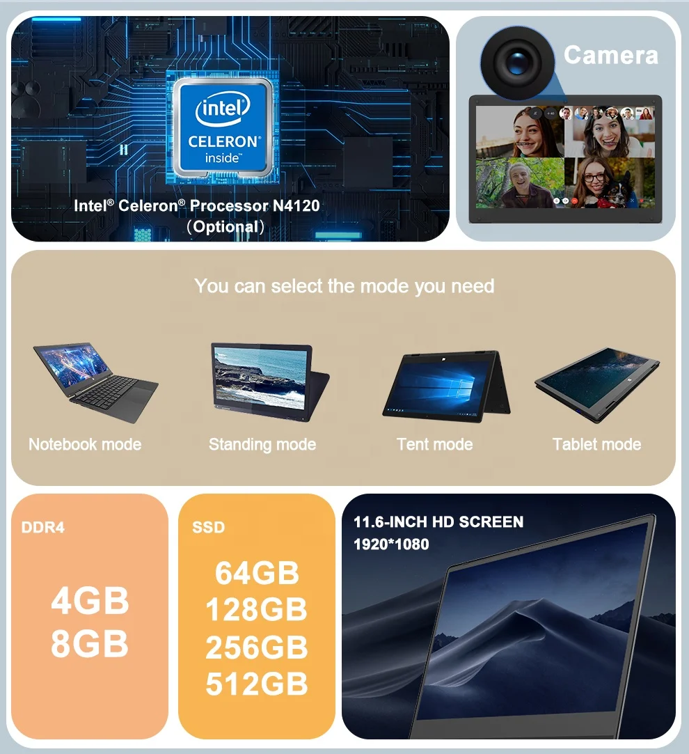 Factory Original slim 11.6 inch Win 11 thin 8GB RAM IPS touch screen 2 in 1 Touchscreen 360 rotating Education yoga laptop