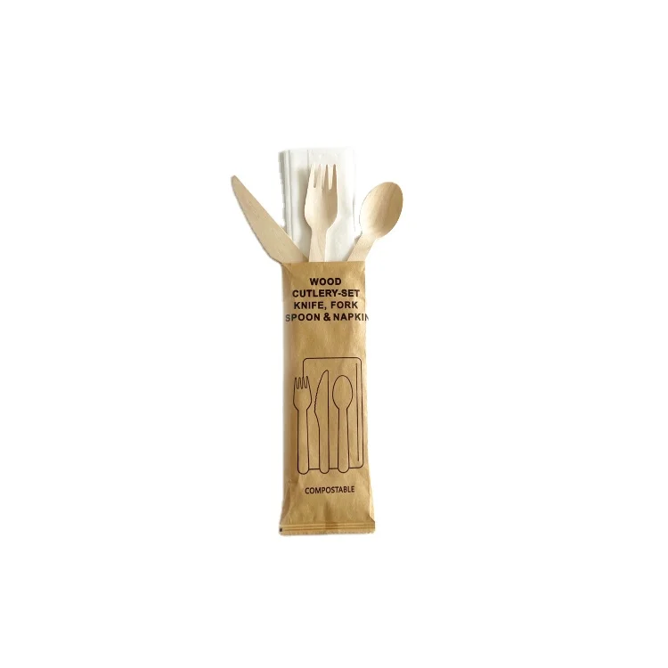 Biodegradable Compostable Alternative to Plastic Disposable Wood Spoon Fork Knife in Cutlery Set 3p for Food