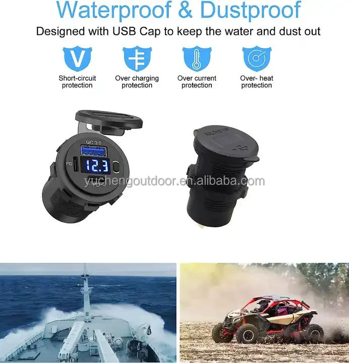 12-24V PD & QC3.0 USB Charger with LED Voltmeter Fast Car Charger Socket Outlet