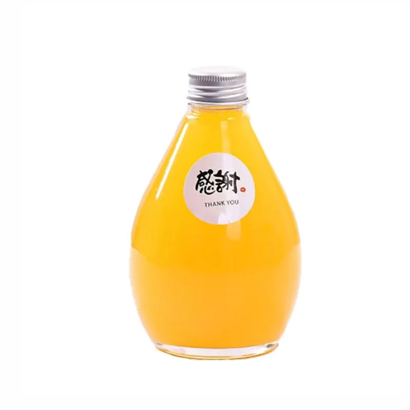 High quality 350ml water drop shape glass bottle for fruit wine/milk tea/coffee/juice with screw cap