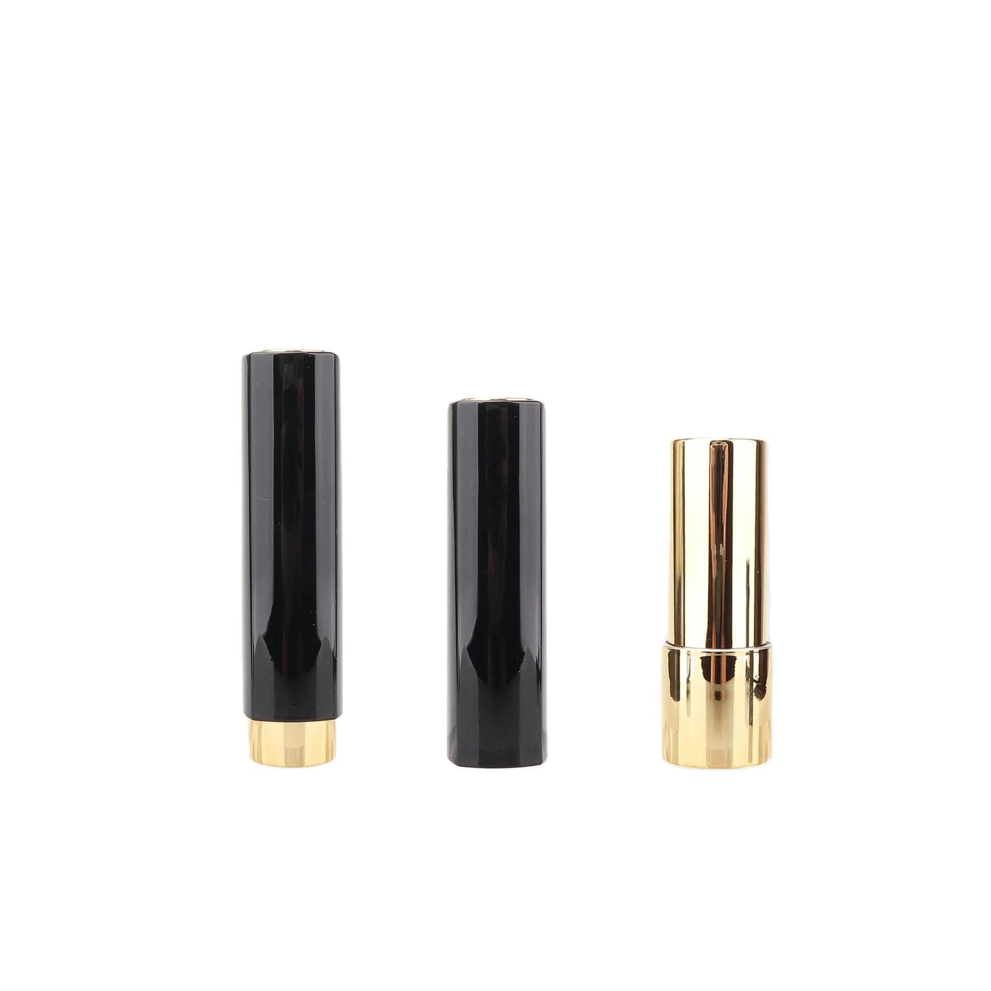 OEM Customized New Push Up Plastic Lipstick Tube 5g Luxury Shiny Black Round Chapstick Container 12.1mm with Gold Foiling Labels