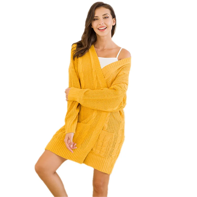 
2021 New Mid-length womens plus size double-pocket twist knitting sweaters cardigan 