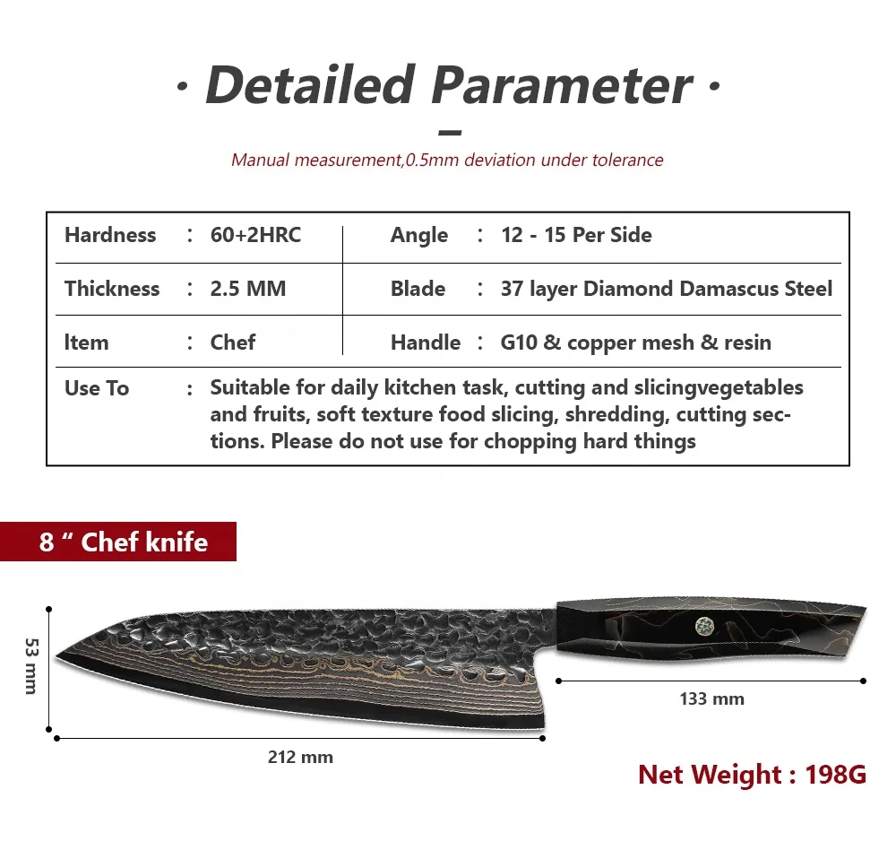 Amber Epoxy Resin Handle VG10 Black Copper Japanese Damascus Steel Chef Knife of Custom Logo