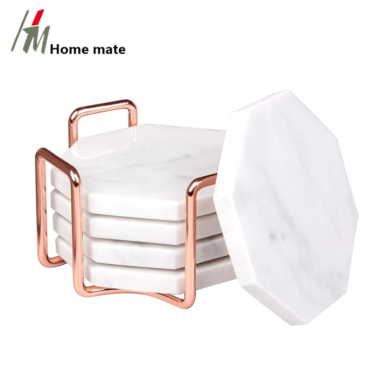 Nautral White Stone Marble Style Absorbent Coaster Sets Drink Coasters with Holder