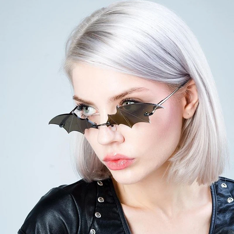 Small Cat Eye Sunglasses Women Luxury Brand New Rimless Punk Sun Glasses Bat Shape Unique Eyeglasses Men UV400 Party Sunglasses