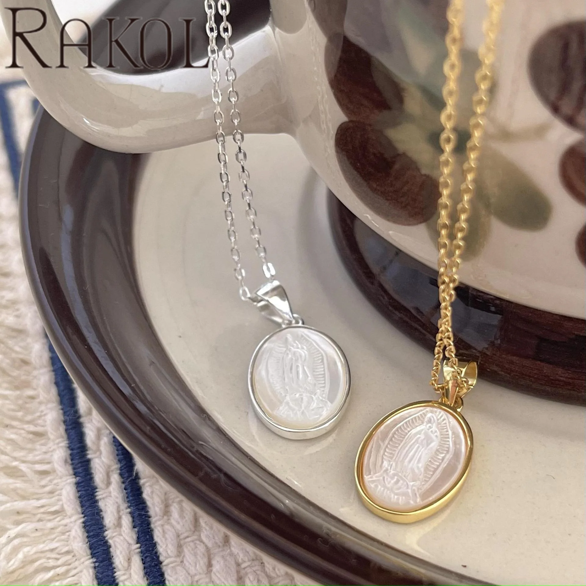 RAKOL ZPN10175 Nordic Style Jewelry S925 Sterling Silver Oval Shaped Virgin Mary Shell Pendant Necklace