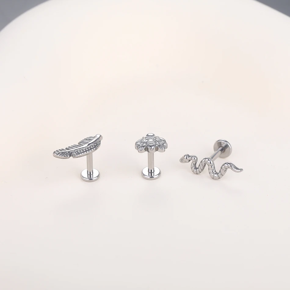 Snake Feather Bee Implant Grade Titanium Internal Threaded Piercing Labret Studs Lip Piercing Jewelry For Cartilage Ear Lip