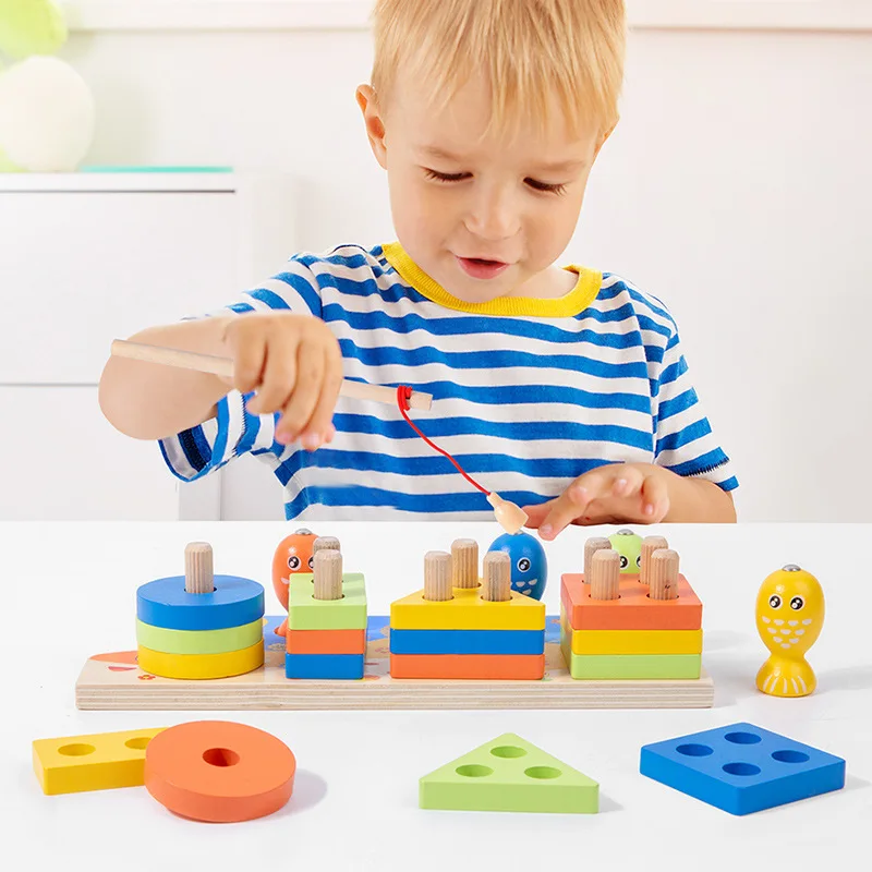 Early educational shape matching toy kids column game board wooden stacking blocks magnetic fish game for children