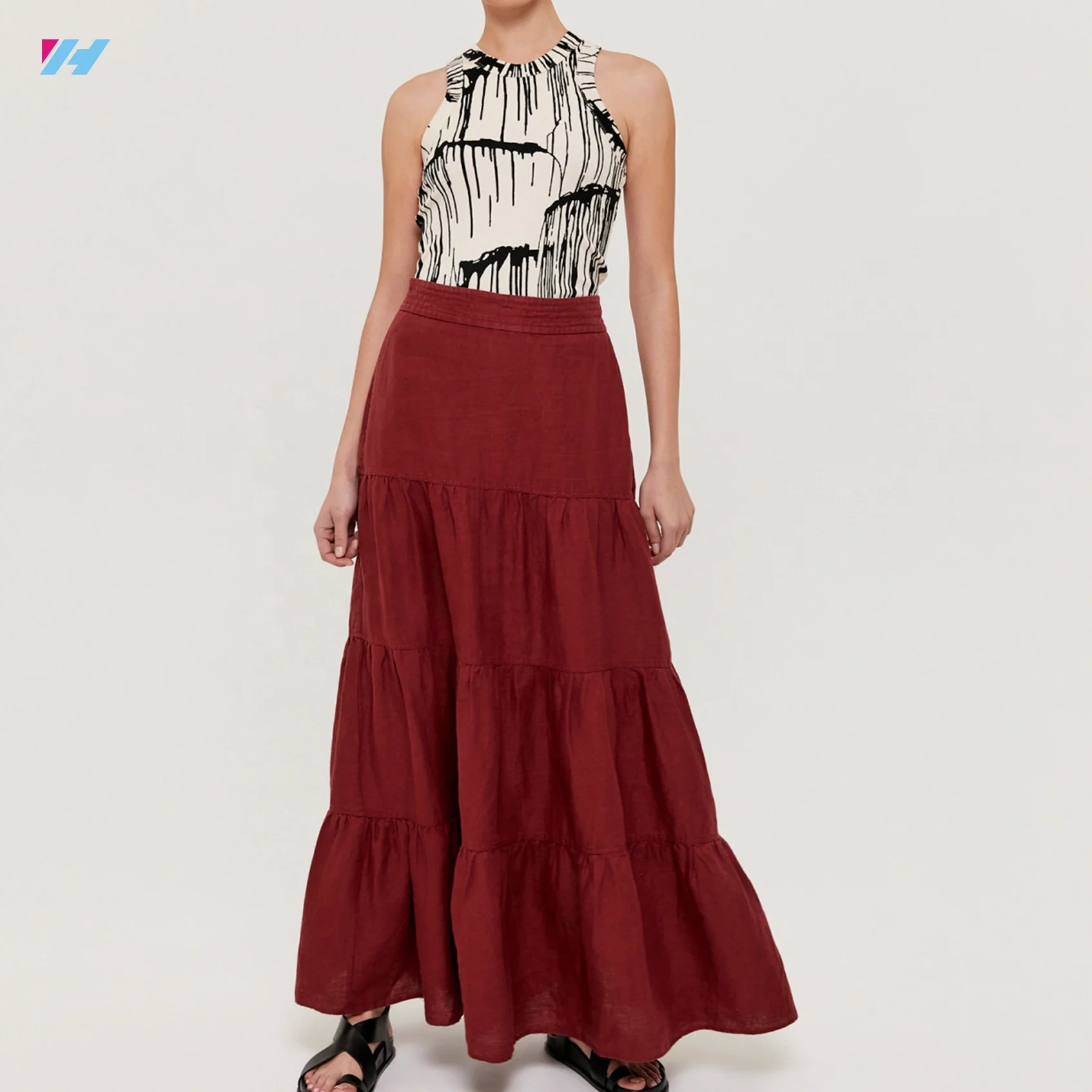 Custom High Waist Linen Ruffle Skirts A-Line Red Maxi Long Skirt For Women