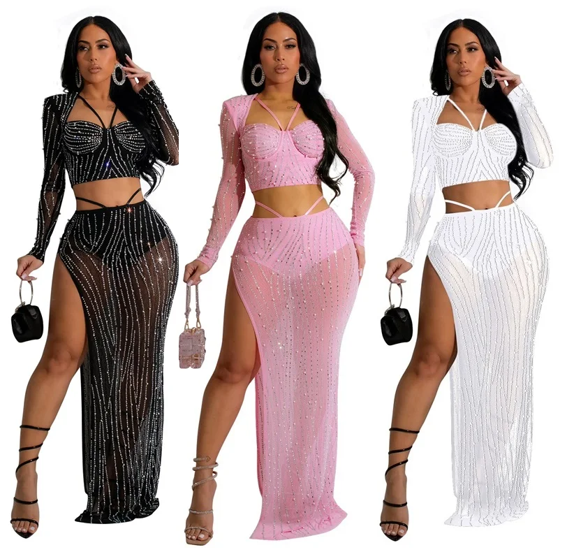 classic luxury elegant sexy transparent bead 2 piece long skirt set maxi party evening dress with rhinestone stones for wedding