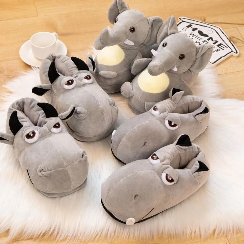Woman Women Ladies Man Men Couple Novelty Animals Elephant Rhino Bull Stuffed Indoor Home Slippers with Anti slip Sole