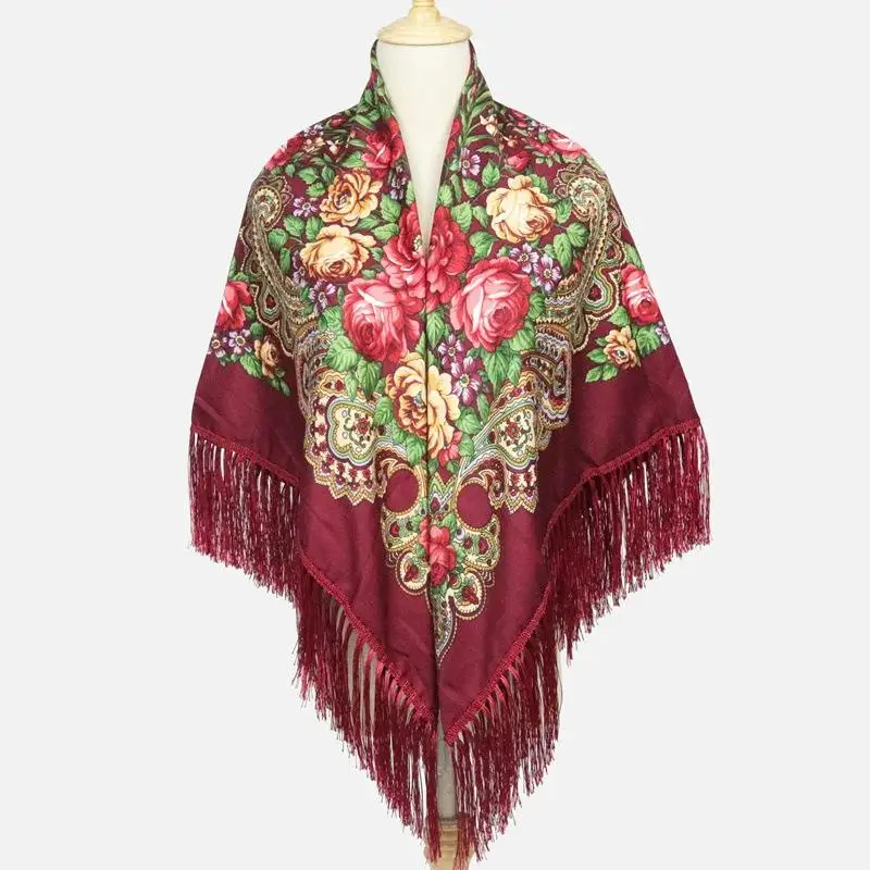 Long fringe russian shawl wrap floral pattern warm thick print women squares scarf