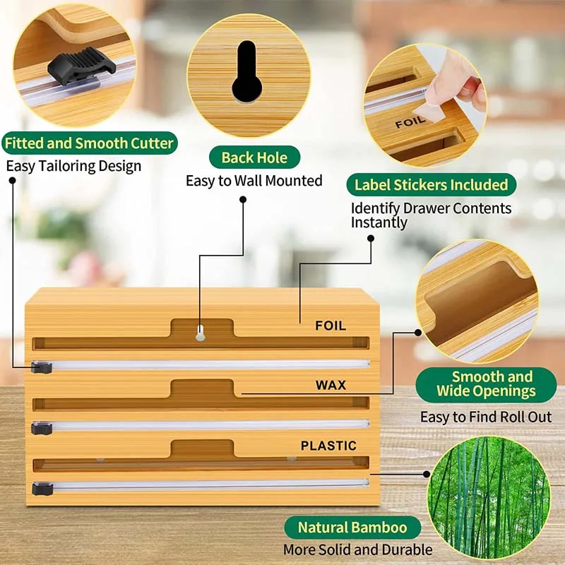Plastic Wrap Storage Organizer 3 In 1 Bamboo Wood Plastic Wrap Dispenser With Slide Cutter