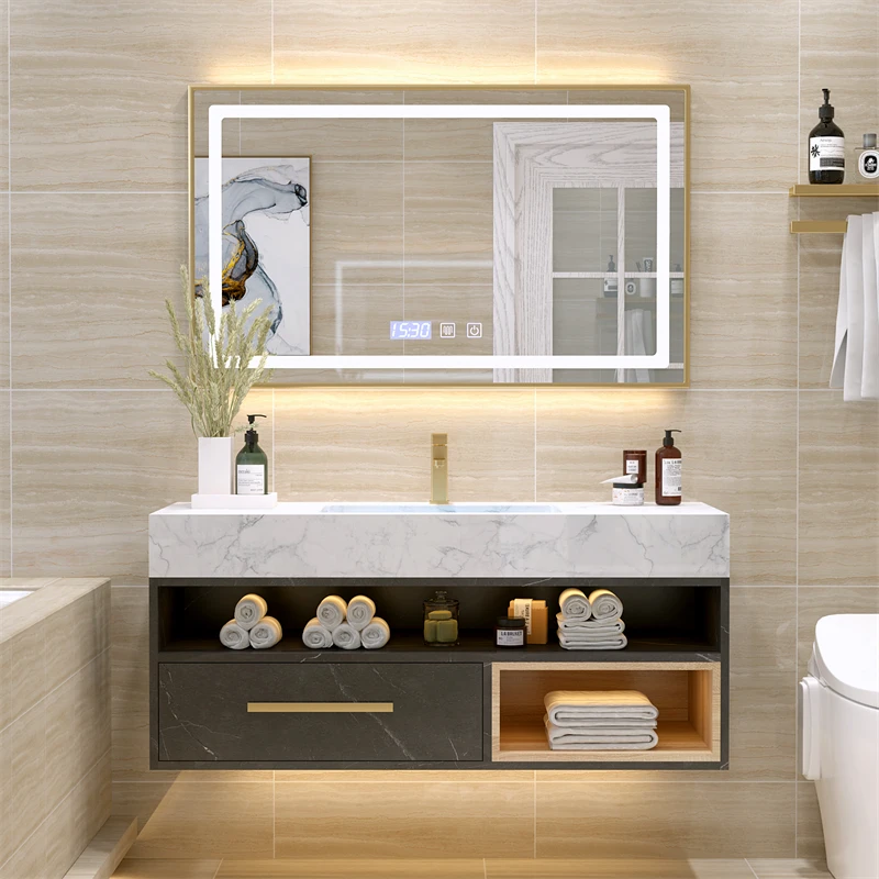 High quality MDF/ PVC/ Plywood vanities floor storage bathroom cabinet furniture with led mirror
