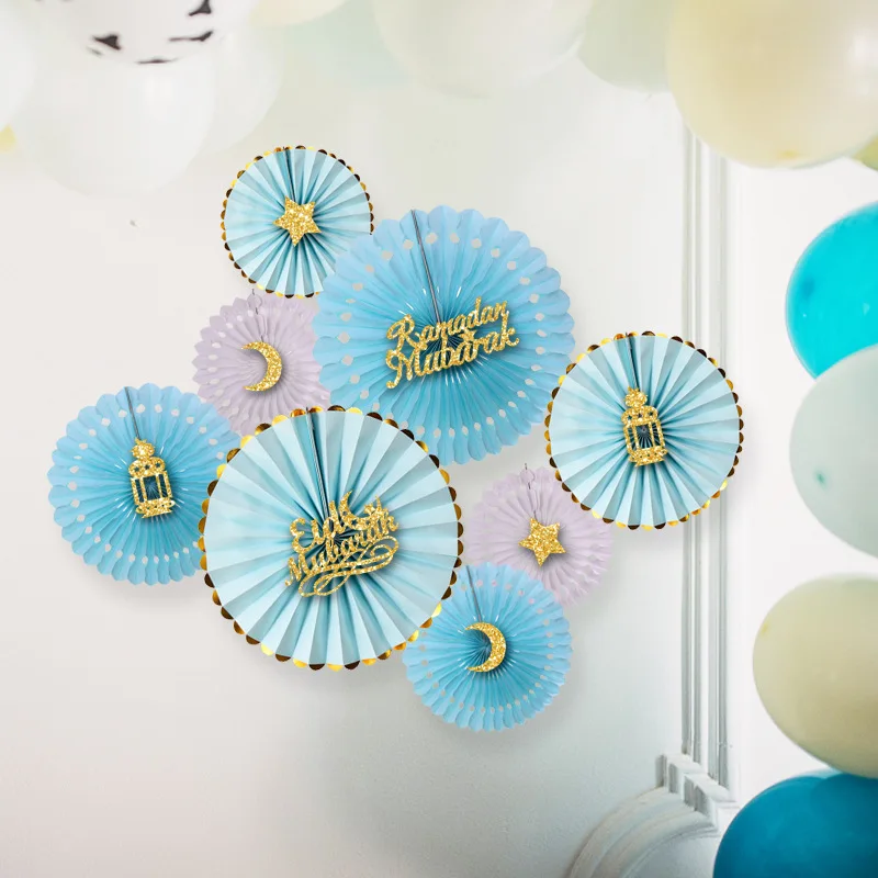 Eid Mubarak Ramadan Decorations 2023  Paper Fan With Moon Star Letter Gold Color DIY Muslim Islamic Party Decoration