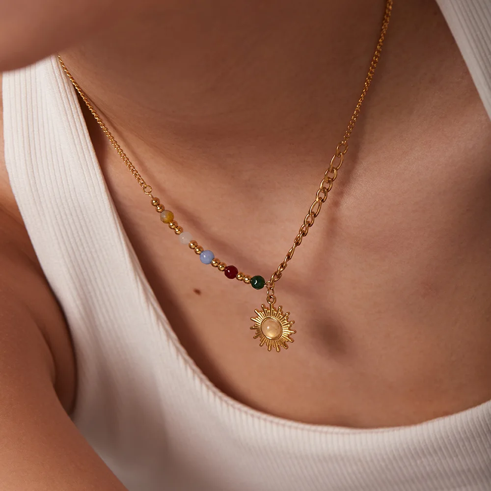 Factory Cheap Price Sun Shape Cat Eye Stone 18K Gold Plated Stainless Steel Jewelry Necklace Waterproof Not Fading Women Pendant