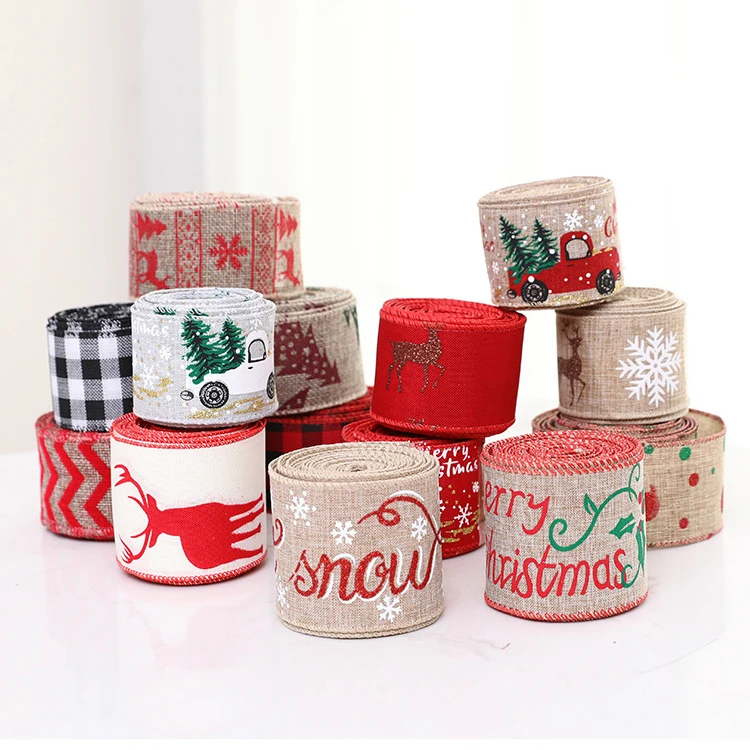 Новогодняя мешковиная лента, 2,5 дюйма, Санта/Снеговик/снежинка/Рождественская клетчатая лента из буйвола для украшения бантов