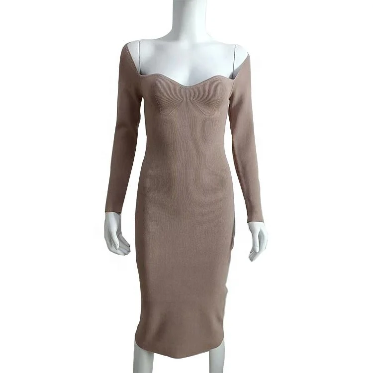 New ribbed knit dress manufacturers custom ladies long sleeve low collar sexy Midi dress tight ball women dress