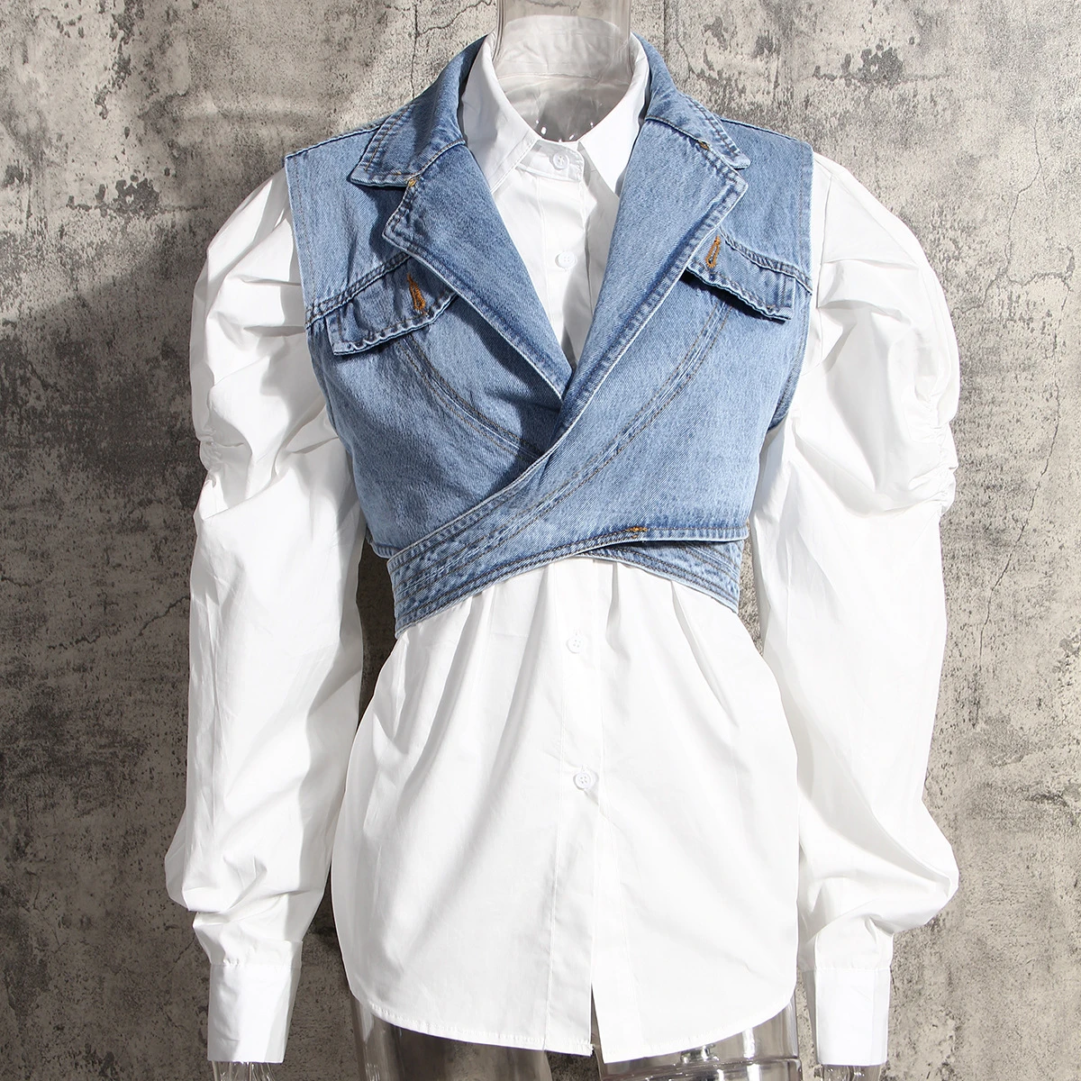 
2021 Fall Fashion Suit Women Two-piece Short Irregular Denim Vest Puff Sleeve Shirt Loose Blouse 
