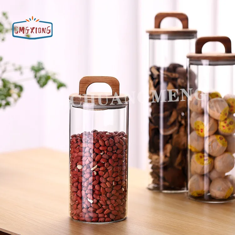 Kitchen Use 500ml 14oz High Borosilicate Airtight Clear Glass Storage Jars With Bamboo Lids