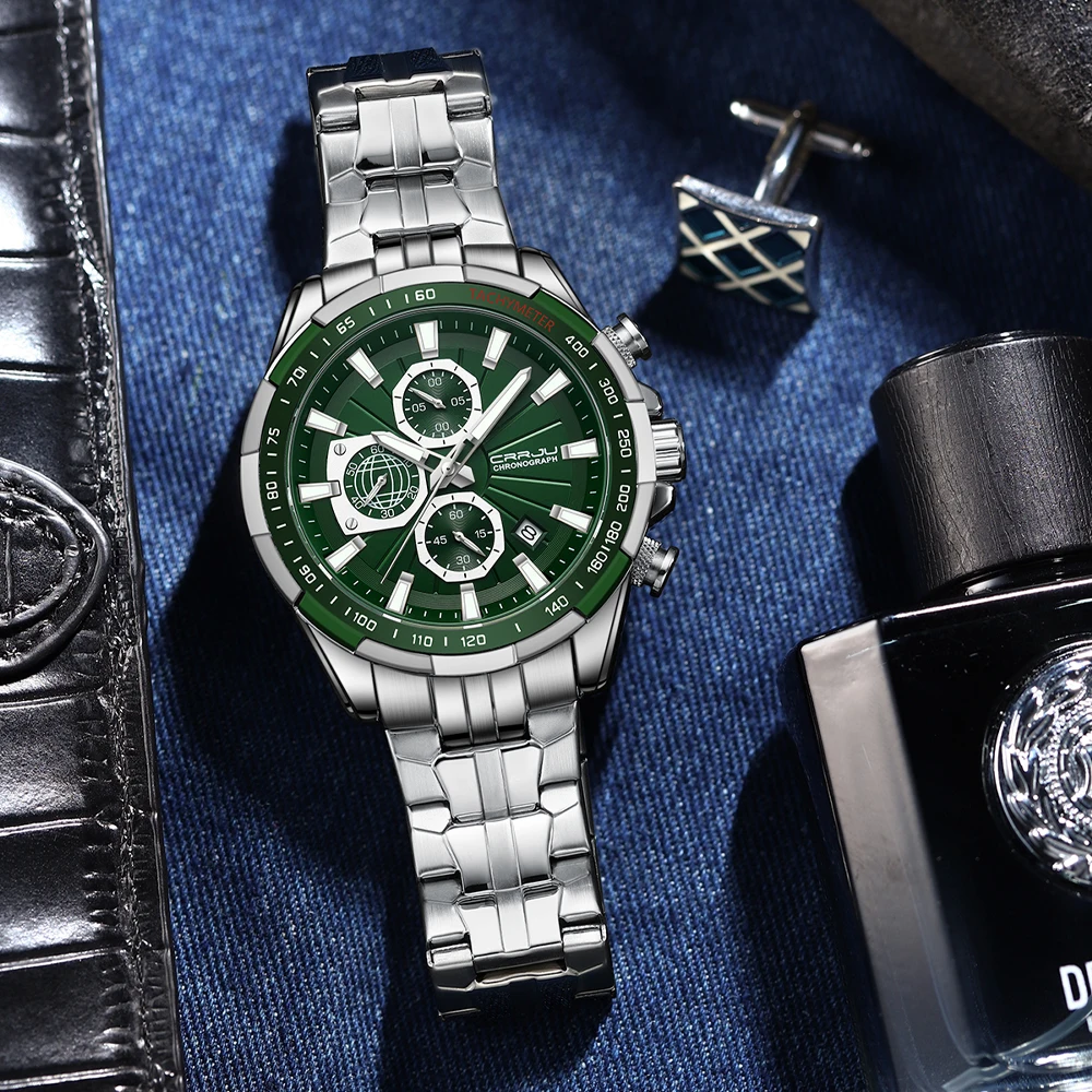 Crrju Manufacture  waterproof solid  Stainless Steel Chain alloy case  green luminous Wrist men Watch reloj de hombre