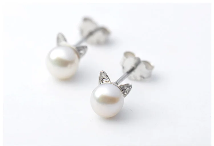 
Tiny Cute Animal Cat Ears Freshwater 7mm 8mm Pearl Stud 925 Sterling Silver Earrings 