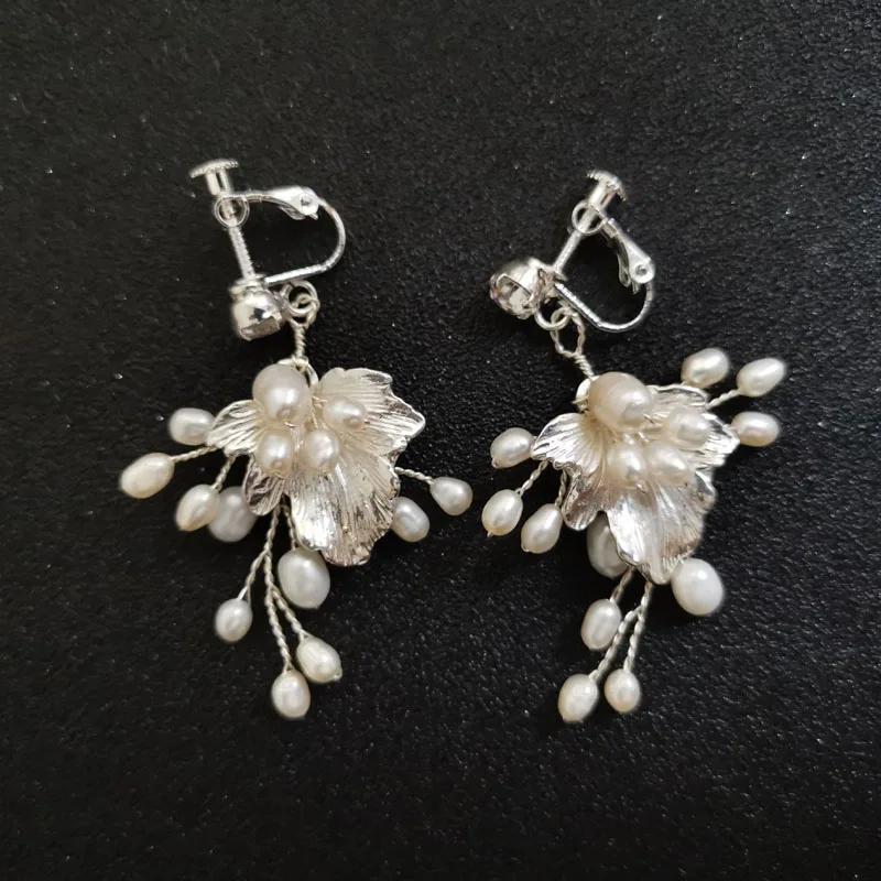 SLBRIDAL Handmade Rhinestones Crystal Freshwater Pearls Clip On Wedding Dangle Earring Bridal Chandelier Earring Women Jewelry