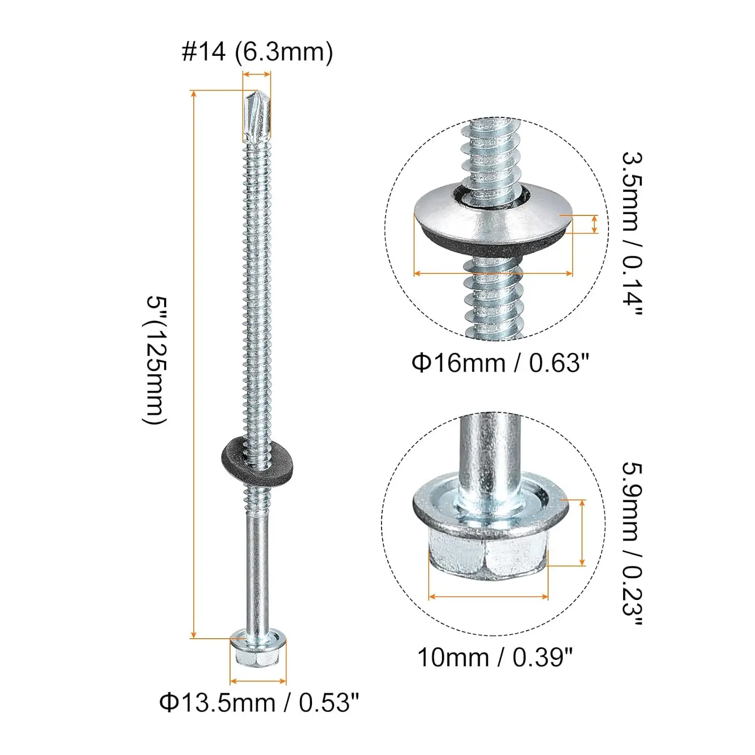 Taiwan Machine Produce Metal Galvanized Hex Washer Head Self Drilling Screw Roofing Screws Tek inch Size